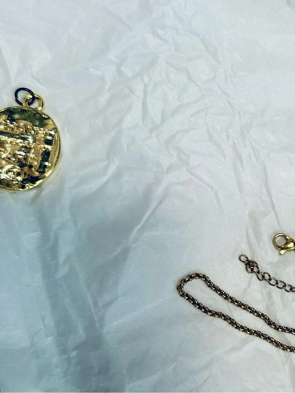CHANEL Gold Tone Paris Logo Disc Pendant on Chain